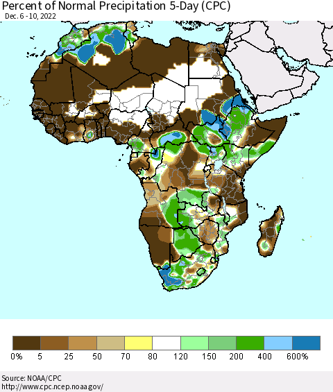 Africa Percent of Normal Precipitation 5-Day (CPC) Thematic Map For 12/6/2022 - 12/10/2022