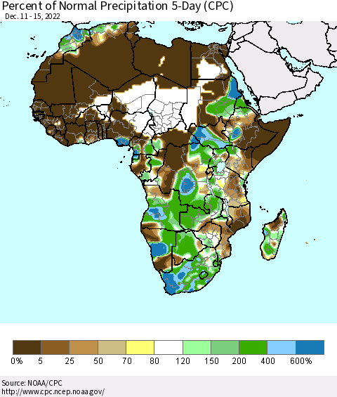 Africa Percent of Normal Precipitation 5-Day (CPC) Thematic Map For 12/11/2022 - 12/15/2022