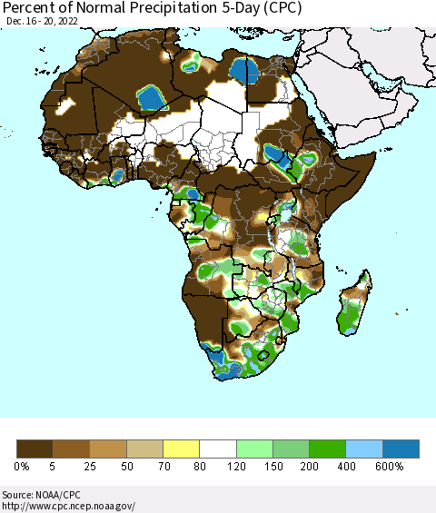Africa Percent of Normal Precipitation 5-Day (CPC) Thematic Map For 12/16/2022 - 12/20/2022