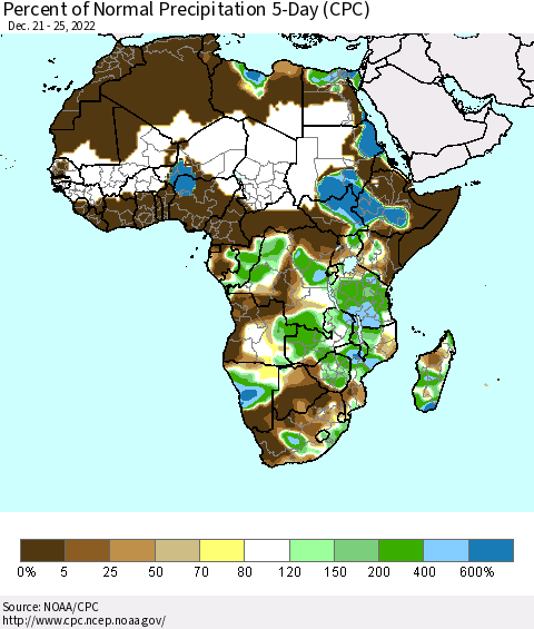 Africa Percent of Normal Precipitation 5-Day (CPC) Thematic Map For 12/21/2022 - 12/25/2022
