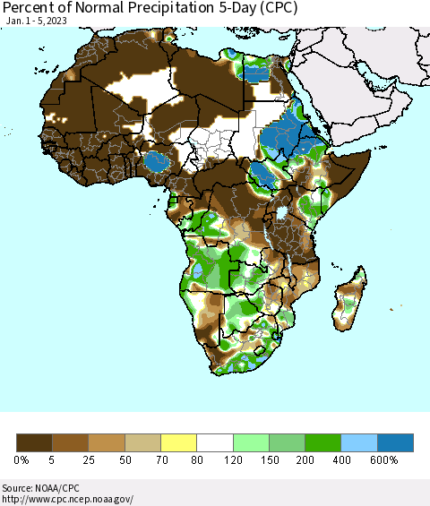 Africa Percent of Normal Precipitation 5-Day (CPC) Thematic Map For 1/1/2023 - 1/5/2023