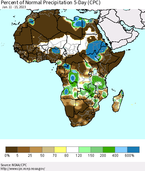 Africa Percent of Normal Precipitation 5-Day (CPC) Thematic Map For 1/11/2023 - 1/15/2023