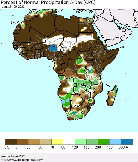 Africa Percent of Normal Precipitation 5-Day (CPC) Thematic Map For 1/16/2023 - 1/20/2023