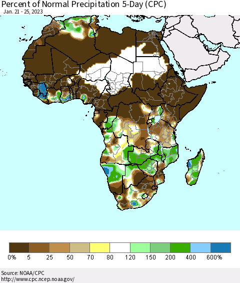 Africa Percent of Normal Precipitation 5-Day (CPC) Thematic Map For 1/21/2023 - 1/25/2023
