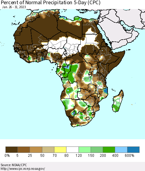 Africa Percent of Normal Precipitation 5-Day (CPC) Thematic Map For 1/26/2023 - 1/31/2023