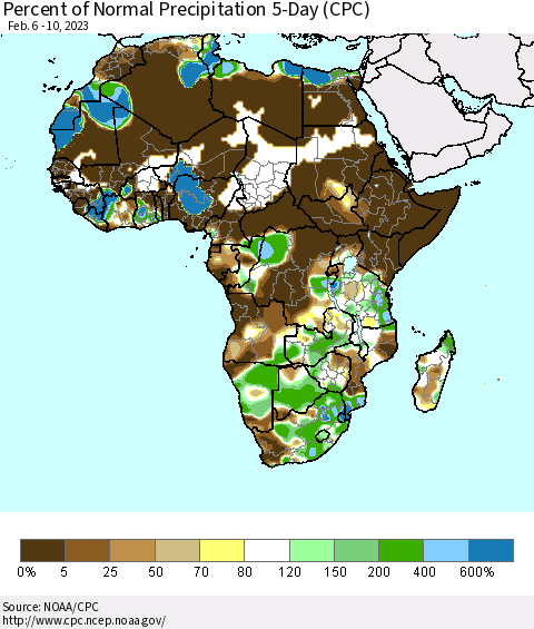 Africa Percent of Normal Precipitation 5-Day (CPC) Thematic Map For 2/6/2023 - 2/10/2023
