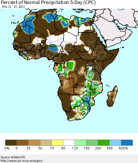 Africa Percent of Normal Precipitation 5-Day (CPC) Thematic Map For 2/11/2023 - 2/15/2023