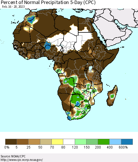Africa Percent of Normal Precipitation 5-Day (CPC) Thematic Map For 2/16/2023 - 2/20/2023