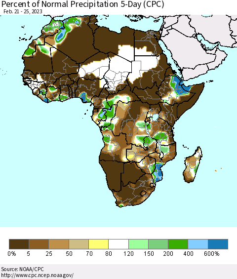 Africa Percent of Normal Precipitation 5-Day (CPC) Thematic Map For 2/21/2023 - 2/25/2023