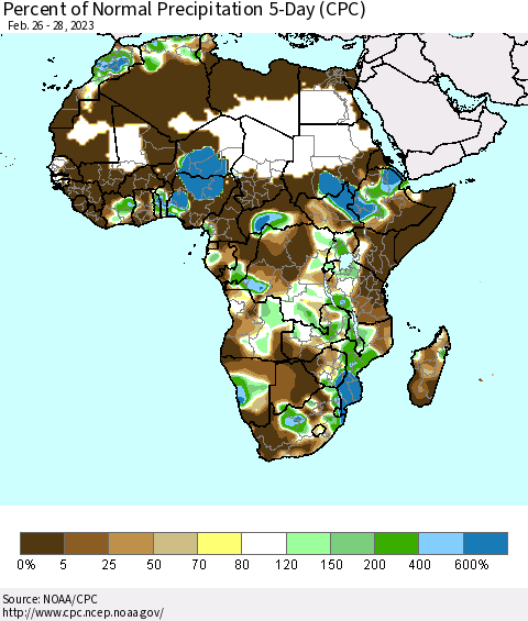 Africa Percent of Normal Precipitation 5-Day (CPC) Thematic Map For 2/26/2023 - 2/28/2023