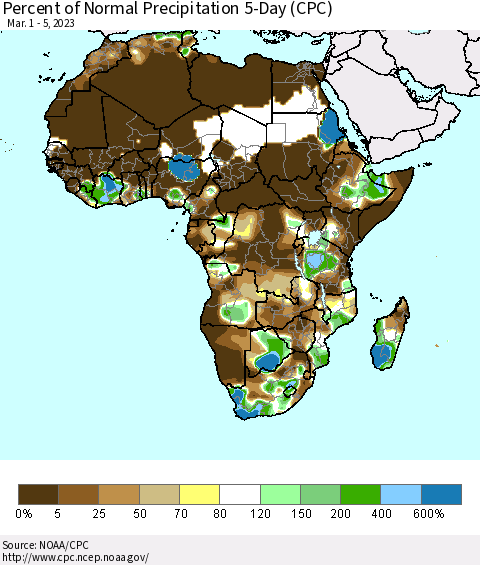Africa Percent of Normal Precipitation 5-Day (CPC) Thematic Map For 3/1/2023 - 3/5/2023