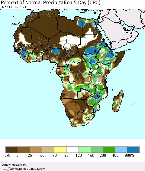Africa Percent of Normal Precipitation 5-Day (CPC) Thematic Map For 3/11/2023 - 3/15/2023