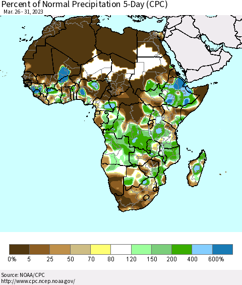 Africa Percent of Normal Precipitation 5-Day (CPC) Thematic Map For 3/26/2023 - 3/31/2023