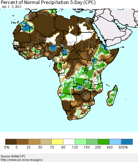 Africa Percent of Normal Precipitation 5-Day (CPC) Thematic Map For 4/1/2023 - 4/5/2023