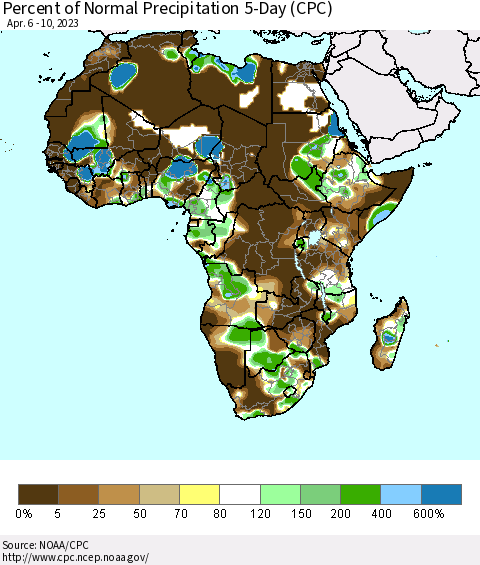 Africa Percent of Normal Precipitation 5-Day (CPC) Thematic Map For 4/6/2023 - 4/10/2023