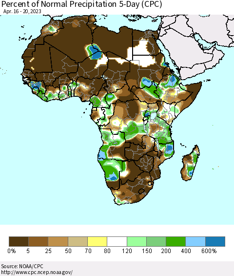 Africa Percent of Normal Precipitation 5-Day (CPC) Thematic Map For 4/16/2023 - 4/20/2023