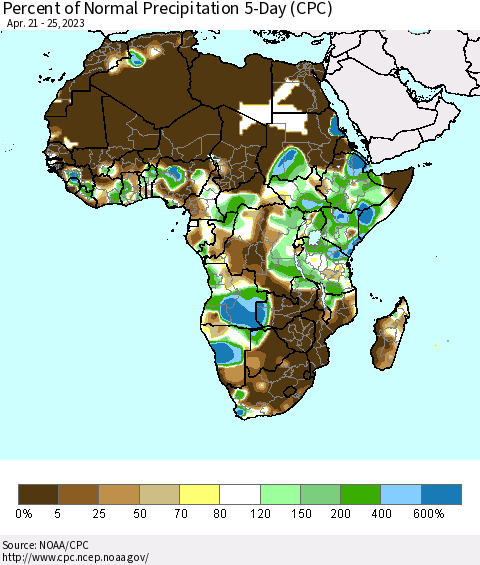 Africa Percent of Normal Precipitation 5-Day (CPC) Thematic Map For 4/21/2023 - 4/25/2023