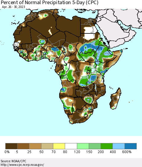Africa Percent of Normal Precipitation 5-Day (CPC) Thematic Map For 4/26/2023 - 4/30/2023