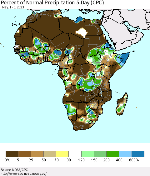 Africa Percent of Normal Precipitation 5-Day (CPC) Thematic Map For 5/1/2023 - 5/5/2023