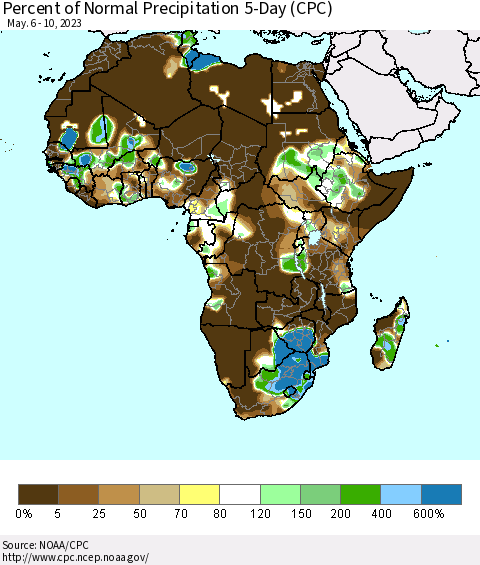 Africa Percent of Normal Precipitation 5-Day (CPC) Thematic Map For 5/6/2023 - 5/10/2023