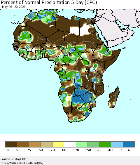 Africa Percent of Normal Precipitation 5-Day (CPC) Thematic Map For 5/16/2023 - 5/20/2023