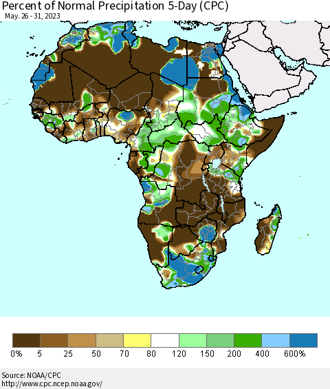 Africa Percent of Normal Precipitation 5-Day (CPC) Thematic Map For 5/26/2023 - 5/31/2023