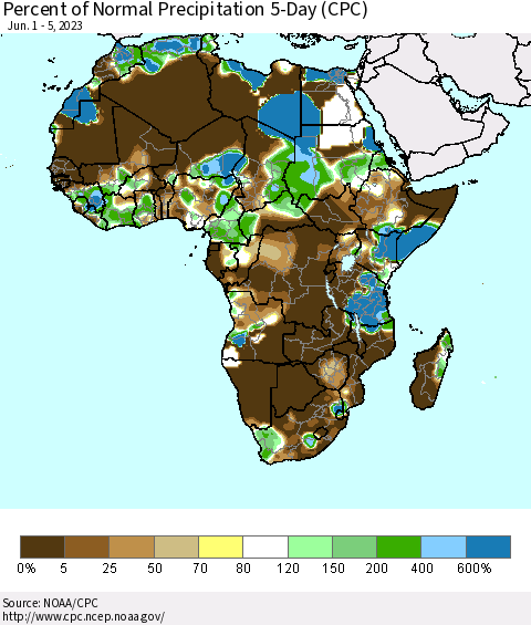Africa Percent of Normal Precipitation 5-Day (CPC) Thematic Map For 6/1/2023 - 6/5/2023