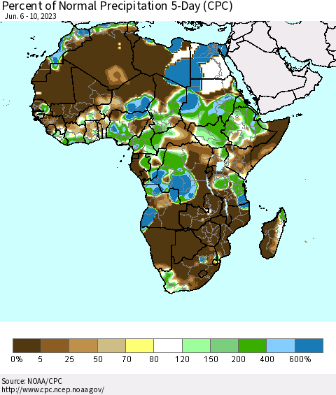 Africa Percent of Normal Precipitation 5-Day (CPC) Thematic Map For 6/6/2023 - 6/10/2023