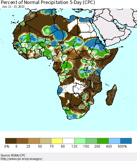 Africa Percent of Normal Precipitation 5-Day (CPC) Thematic Map For 6/11/2023 - 6/15/2023