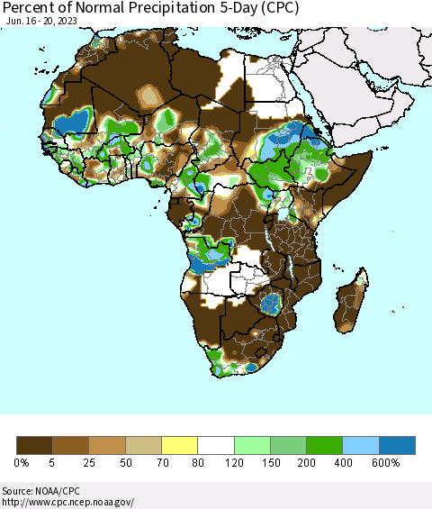 Africa Percent of Normal Precipitation 5-Day (CPC) Thematic Map For 6/16/2023 - 6/20/2023