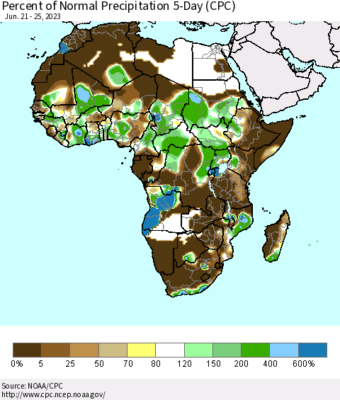 Africa Percent of Normal Precipitation 5-Day (CPC) Thematic Map For 6/21/2023 - 6/25/2023