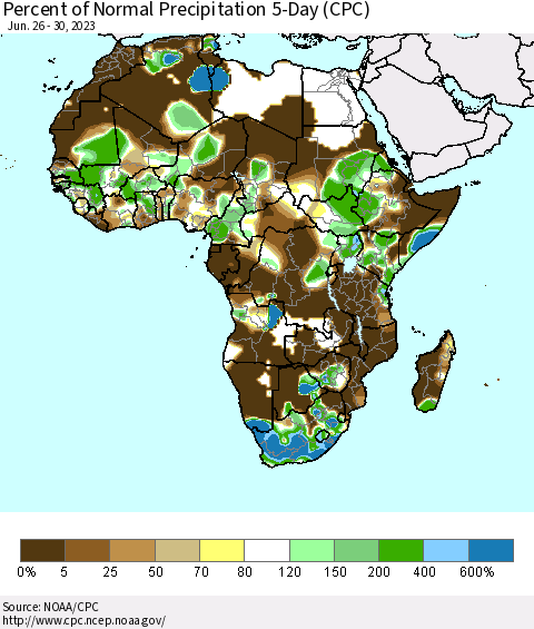 Africa Percent of Normal Precipitation 5-Day (CPC) Thematic Map For 6/26/2023 - 6/30/2023