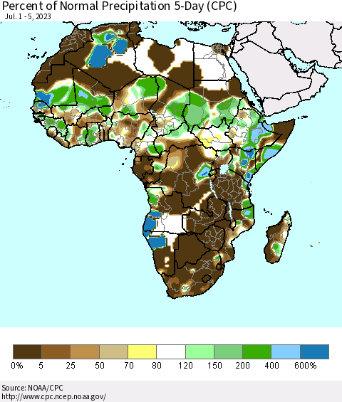 Africa Percent of Normal Precipitation 5-Day (CPC) Thematic Map For 7/1/2023 - 7/5/2023