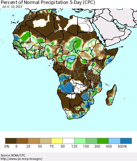Africa Percent of Normal Precipitation 5-Day (CPC) Thematic Map For 7/6/2023 - 7/10/2023