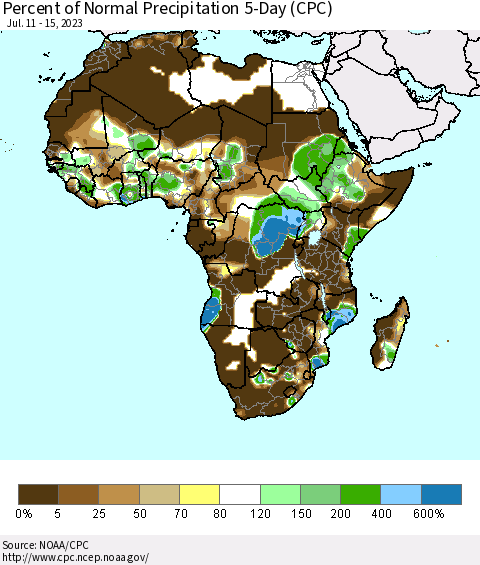 Africa Percent of Normal Precipitation 5-Day (CPC) Thematic Map For 7/11/2023 - 7/15/2023
