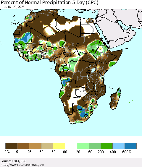 Africa Percent of Normal Precipitation 5-Day (CPC) Thematic Map For 7/16/2023 - 7/20/2023