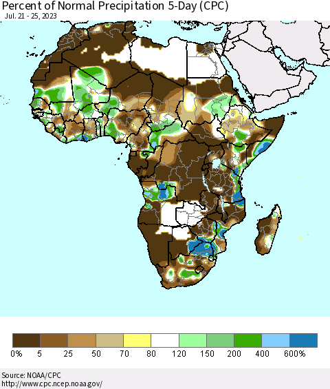 Africa Percent of Normal Precipitation 5-Day (CPC) Thematic Map For 7/21/2023 - 7/25/2023