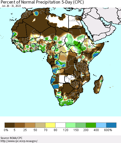 Africa Percent of Normal Precipitation 5-Day (CPC) Thematic Map For 7/26/2023 - 7/31/2023