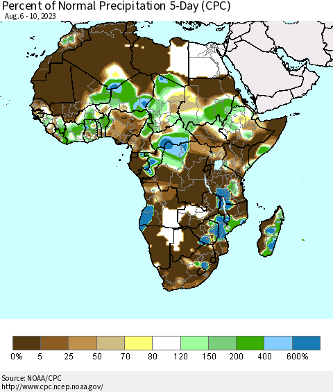 Africa Percent of Normal Precipitation 5-Day (CPC) Thematic Map For 8/6/2023 - 8/10/2023