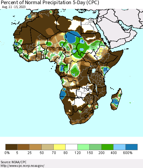 Africa Percent of Normal Precipitation 5-Day (CPC) Thematic Map For 8/11/2023 - 8/15/2023