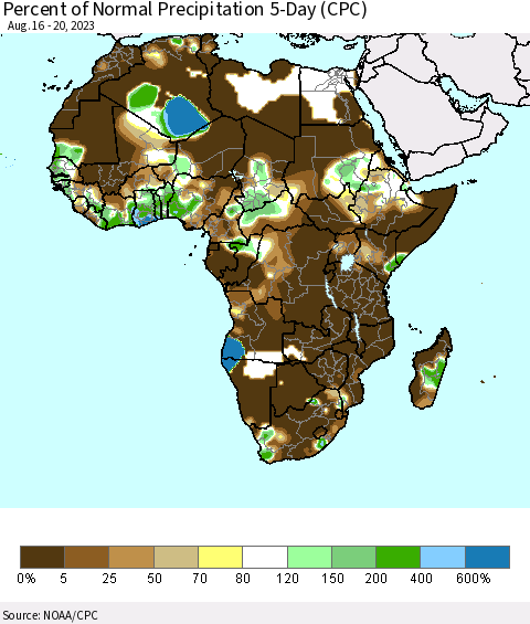 Africa Percent of Normal Precipitation 5-Day (CPC) Thematic Map For 8/16/2023 - 8/20/2023