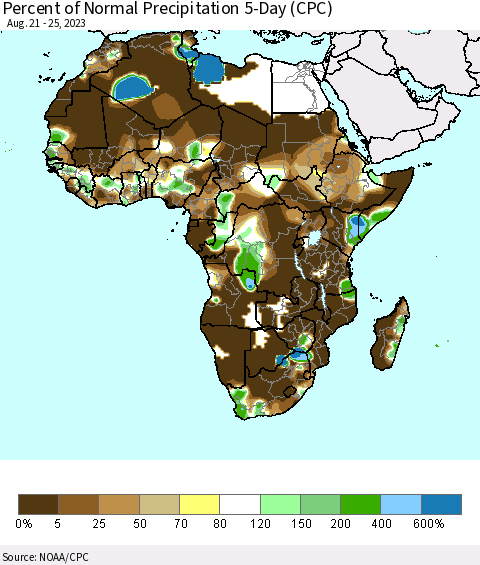 Africa Percent of Normal Precipitation 5-Day (CPC) Thematic Map For 8/21/2023 - 8/25/2023