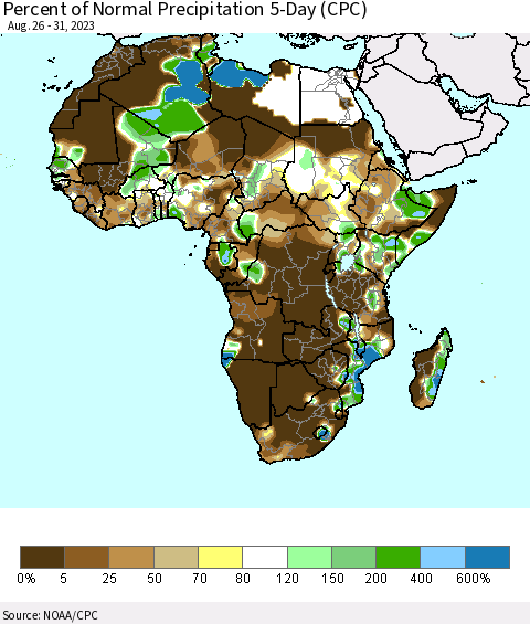 Africa Percent of Normal Precipitation 5-Day (CPC) Thematic Map For 8/26/2023 - 8/31/2023