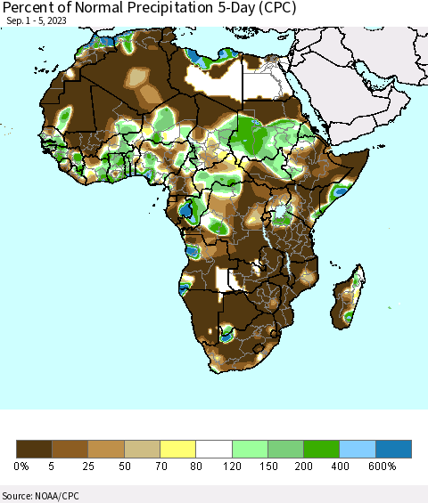 Africa Percent of Normal Precipitation 5-Day (CPC) Thematic Map For 9/1/2023 - 9/5/2023