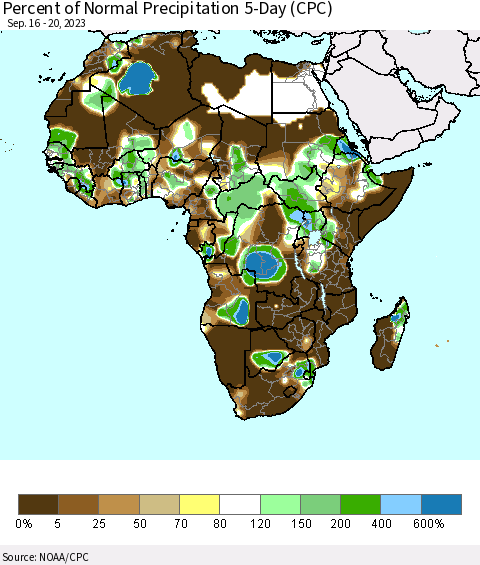 Africa Percent of Normal Precipitation 5-Day (CPC) Thematic Map For 9/16/2023 - 9/20/2023