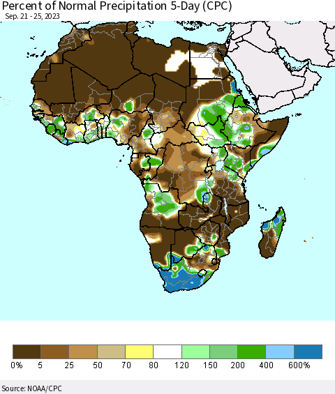 Africa Percent of Normal Precipitation 5-Day (CPC) Thematic Map For 9/21/2023 - 9/25/2023