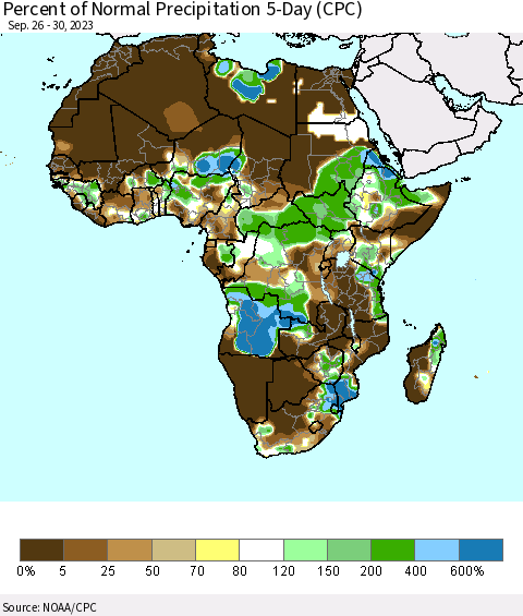 Africa Percent of Normal Precipitation 5-Day (CPC) Thematic Map For 9/26/2023 - 9/30/2023