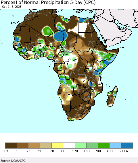 Africa Percent of Normal Precipitation 5-Day (CPC) Thematic Map For 10/1/2023 - 10/5/2023