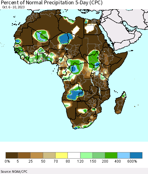 Africa Percent of Normal Precipitation 5-Day (CPC) Thematic Map For 10/6/2023 - 10/10/2023
