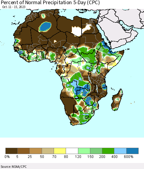 Africa Percent of Normal Precipitation 5-Day (CPC) Thematic Map For 10/11/2023 - 10/15/2023